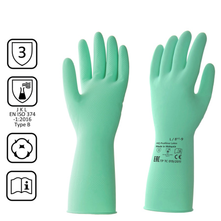 (SAM) Перчатки латексные КЩС, сверхпрочные, плотные, хлопковое напыление, размер 8,5-9 L, большой, зеленые, HQ Profiline, 73586