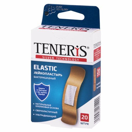(SAM) Набор пластырей 20 шт. TENERIS ELASTIC, эластичный, на тканевой основе, бактерицидный с ионами серебра, коробка с европодвесом, 0208-005