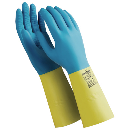 (SAM) Перчатки латексно-неопреновые MANIPULA "Союз", хлопчатобумажное напыление, размер 9-9,5 ( L), синие/желтые, LN-F-05
