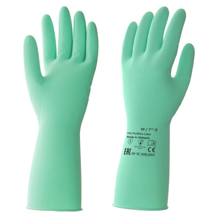 (SAM) Перчатки латексные КЩС, сверхпрочные, плотные, хлопковое напыление, размер 7,5-8 M, средний, зеленые, HQ Profiline, 73583
