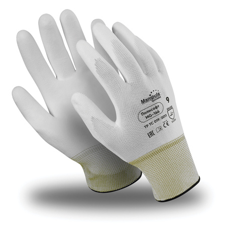 (SAM) Перчатки полиэфирные MANIPULA ПОЛИСОФТ, полиуретановое покрытие (облив), размер 9 (L), белые, MG-166