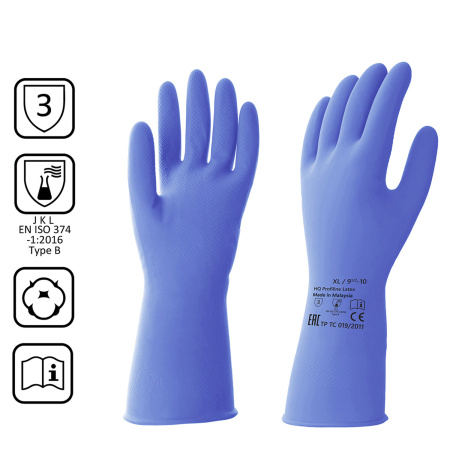 (SAM) Перчатки латексные КЩС, сверхпрочные, плотные, хлопковое напыление, размер 9,5-10 XL, очень большой, синие, HQ Profiline, 74736