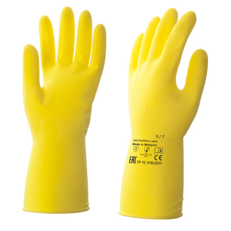 (SAM) Перчатки латексные КЩС, сверхпрочные, плотные, хлопковое напыление, размер 7 S, малый, желтые, HQ Profiline, 73581