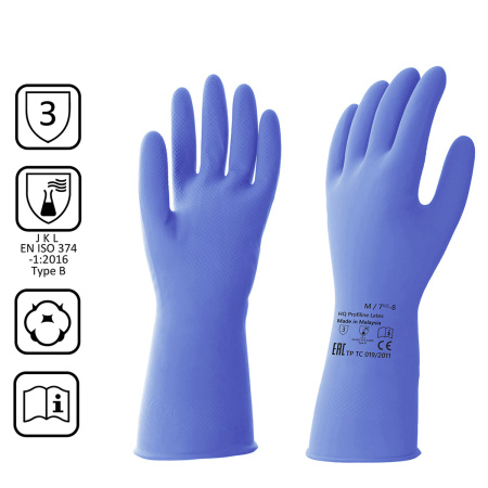 (SAM) Перчатки латексные КЩС, сверхпрочные, плотные, хлопковое напыление, размер 7,5-8 M, средний, синие, HQ Profiline, 74734