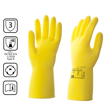 (SAM) Перчатки латексные КЩС, сверхпрочные, плотные, хлопковое напыление, размер 9,5-10 XL, очень большой, желтые, HQ Profiline, 73590