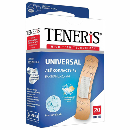 (SAM) Набор пластырей 20 шт. TENERIS UNIVERSAL универсальный на полимерной основе, бактерицидный с ионами серебра, коробка с европодвесом, 0208-006