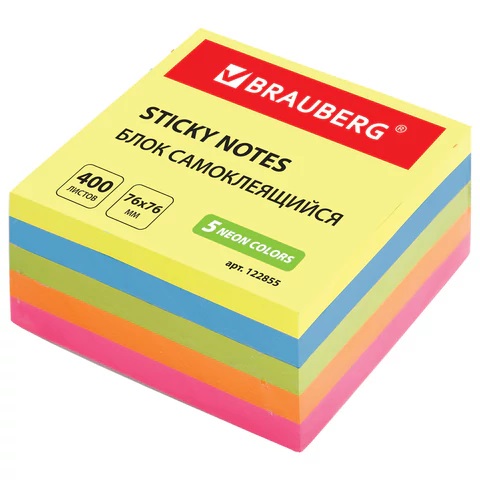 Блок самоклеящийся (стикеры) 76_76мм, 400л, неоновый, 5 цветов BRAUBERG