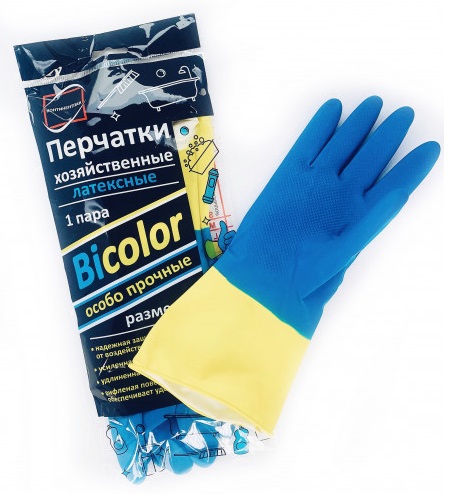Перчатки латексные L с х_б напылением, BiColor сине-желтые, удлиненная манжета, повышенной прочности