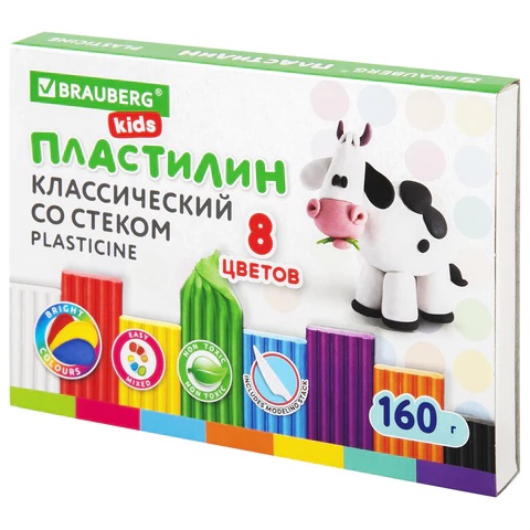 Пластилин классический BRAUBERG KIDS, 8 цветов, 160 г, со стеком, 10650