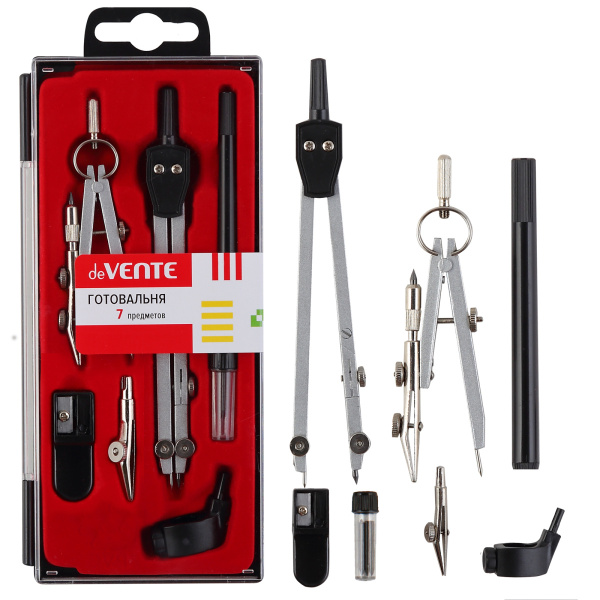 2_Готовальня deVENTE 7 предметов циркуль+кронциркуль с рейсфедером, рейсфедер+держ, грифель