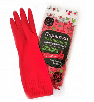 Перчатки латексные M с х/б напылением, КонтинентПак, удлиненная манжета 25см