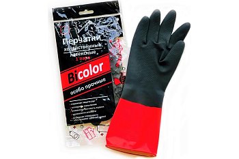 Перчатки латексные XL с х/б напылением, BiColor черно-красные, удлиненная манжета, повышенной прочности