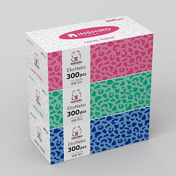 Салфетки-выдергушки бумажные 300шт двухслойные INSHIRO EkoNeko, ассорти