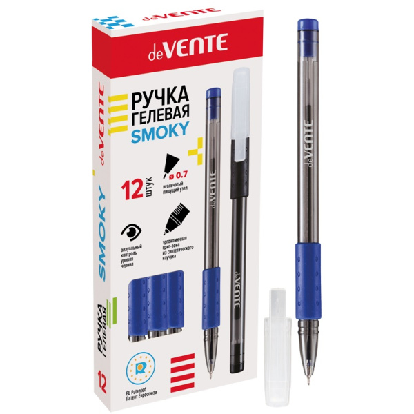2_Ручка гелевая с резиновым упором 0,7мм deVENTE Smoky СИНЯЯ, прозрачный корпус