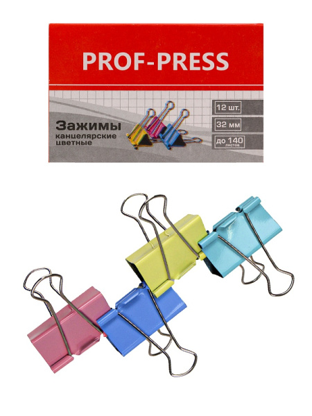 Зажим для бумаг 32мм цветной, комплект 12шт Prof-Press