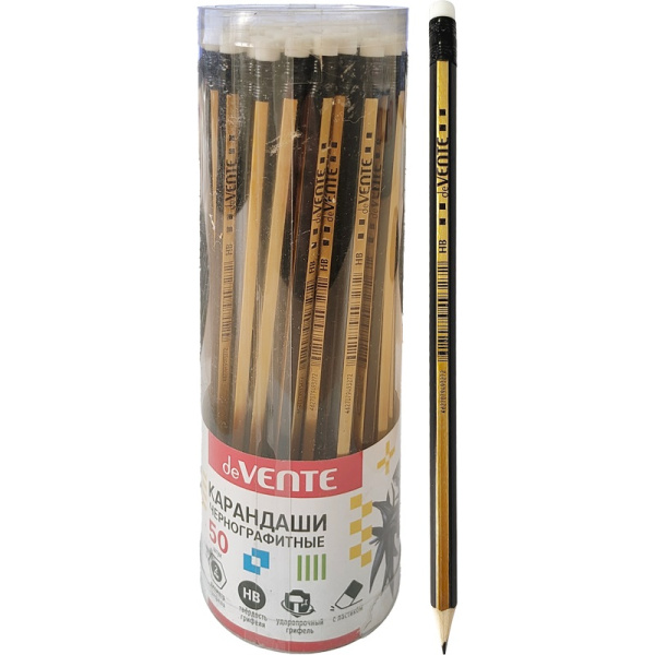 Карандаш чернографитный HB deVENTE Art, с ластиком, черно-золотистый