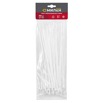 Хомуты (стяжки) нейлоновые, 3,6*200мм белые, 100шт МИЛЕН