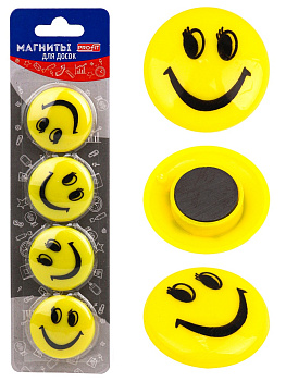 Магниты для досок 40мм 4шт PROFIT Смайлики, желтые
