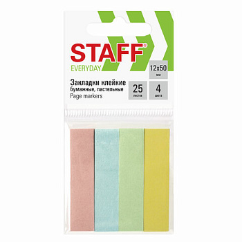 Клейкие закладки бумажные 12*50мм, пастельные, 4 цвета по 25 листов STAFF
