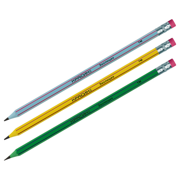 Карандаш чернографитный HB КРАСИН Эволюция, с ластиком, ассорти