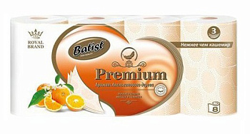 Туалетная бумага на втулке Batist Premium 3-х слойная, 8шт*19,5м апельсиновое дерево