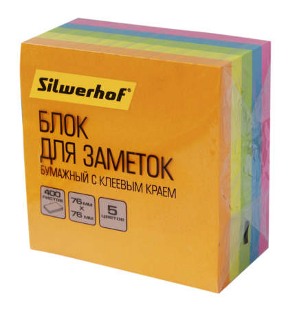 Блок самоклеящийся (стикеры) 76_76мм, 400л, неоновый, 5 цветов SILWERHOF
