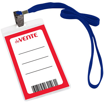 Бейдж вертикальный 105*63мм, на синей ленте 45мм deVENTE