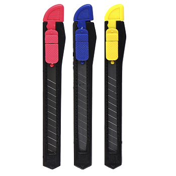 Нож канцелярский 9мм пластиковый корпус, пласт. направляющие, ATTOMEX, ассорти