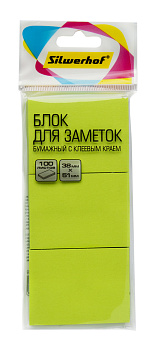 Блок самоклеящийся (стикеры) 38*51мм, 100л, НАБОР 3шт, неоновый, зеленый SILWERHOF