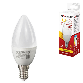 Лампа светодиодная SONNEN 7(60)Вт цоколь Е14, свеча, теплый белый свет