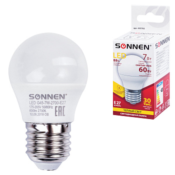 Лампа светодиодная SONNEN 7(60)Вт цоколь Е27, шар, теплый белый свет