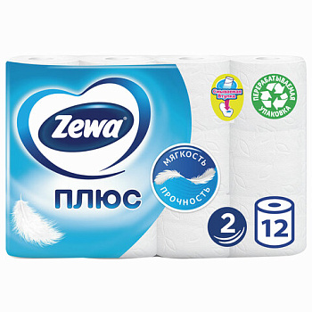 Туалетная бумага на втулке ZEWA Plus 2-х слойная, 12шт*23м белая