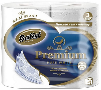 Туалетная бумага на втулке Batist Premium 3-х слойная, 4шт*19,5м белая