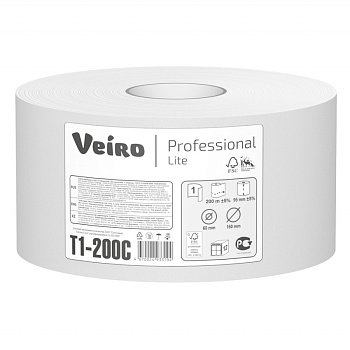 Туалетная бумага для диспенсера 1-слойная, 200м VEIRO PROFESSIONAL Lite (Система Т2), серая T1-200C