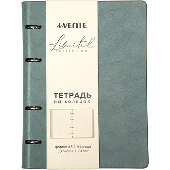 Тетрадь на кольцах А5, 80л, под кожу, клетка deVENTE Eco Leather, серо-зелёная