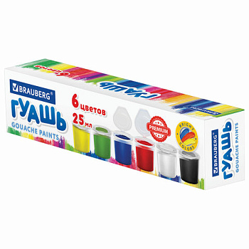 Гуашь 6 цветов по 25мл BRAUBERG Premium