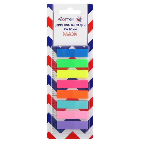 Клейкие закладки пластиковые 12_45мм 8 цветов по 25л ATTOMEX, неон
