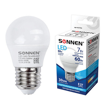 Лампа светодиодная SONNEN 7(60)Вт цоколь Е27, шар, нейтральный белый свет