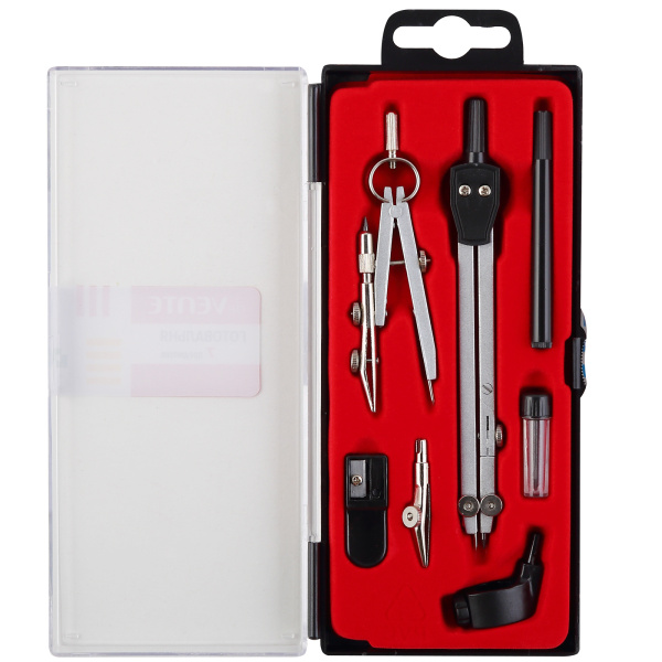 4_Готовальня deVENTE 7 предметов циркуль+кронциркуль с рейсфедером, рейсфедер+держ, грифель