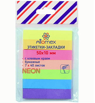 Клейкие закладки бумажные 10*50мм, неоновые, 7 цветов по 40 листов ATTOMEX 