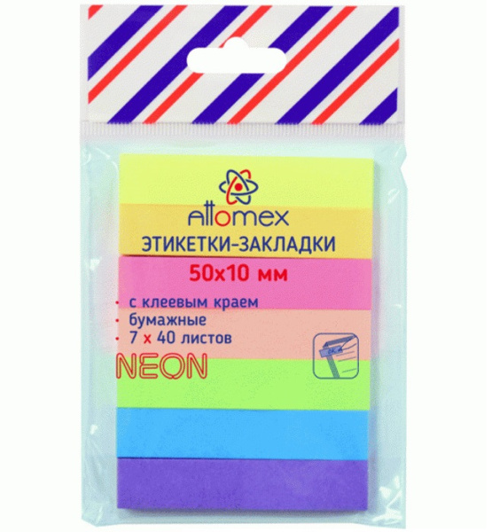 Клейкие закладки бумажные 10_50мм, неоновые, 7 цветов по 40 листов ATTOMEX