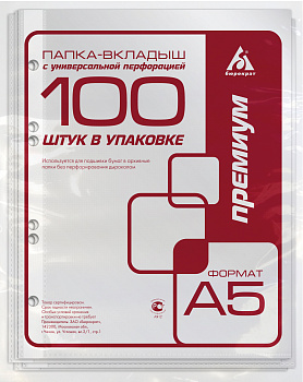 Файл с перфорацией A5 (МАЛЫЙ ФОРМАТ) 40мкр 100шт тиснение БЮРОКРАТ