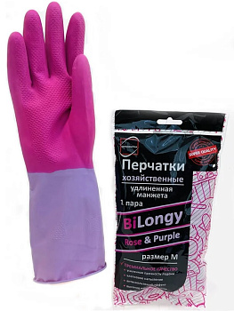 Перчатки латексные M с х/б напылением, Bilongy Rose&Purple, удлиненная манжета, повышенной прочности