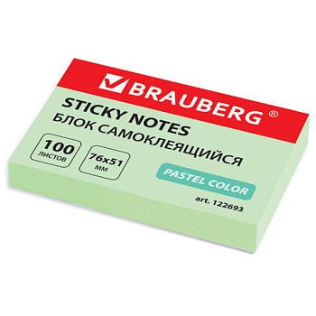 Блок самоклеящийся (стикеры) 51*76мм, 100л, пастельный, зеленый BRAUBERG