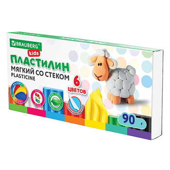Пластилин восковой 6цв 90г BRAUBERG Kids, со стеком