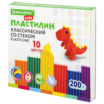 Пластилин 10цв 200г BRAUBERG Kids, со стеком