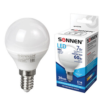 Лампа светодиодная SONNEN 7(60)Вт цоколь Е14, шар, нейтральный белый свет