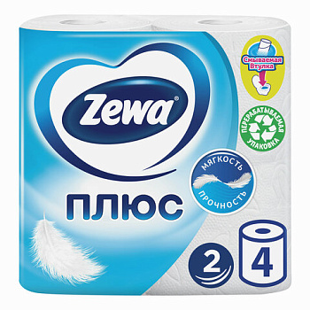 Туалетная бумага на втулке ZEWA Plus 2-х слойная, 4шт*23м белая