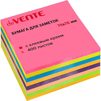 Блок самоклеящийся (стикеры) 76*76мм, 400л, 5 неоновых цветов и 3 интенсивных цвета deVENTE 