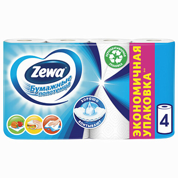 Полотенца бумажные ZEWA 2-х слойные, спайка 4шт (4*14м), белые